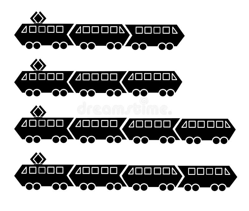 Metta delle siluette dei tram e dei treni neri della metropolitana con due o tre automobili Stile semplice piano dell'icona di ve illustrazione di stock Metta delle siluette dei tram e dei treni neri della metropolitana con due o tre automobili Stile semplice piano dell'icona di ve illustrazione di stock