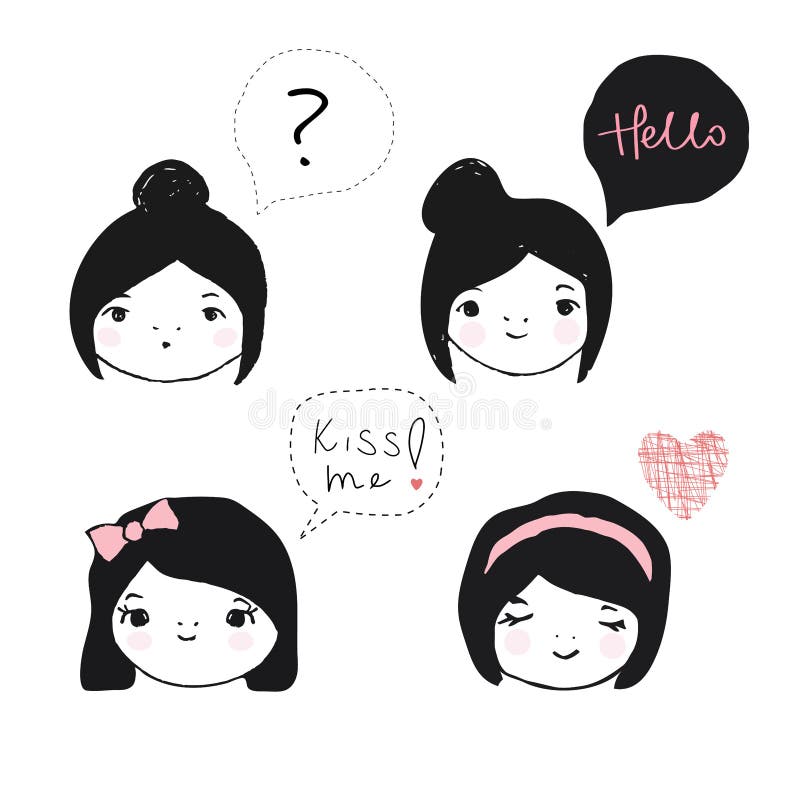 Metta di 4 ragazze asiatiche di kawaii con i messaggi illustrazione di stock
