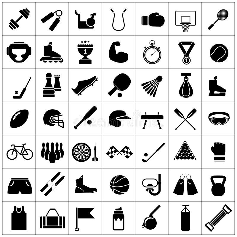 Metta le icone degli sport e delle attrezzature di forma fisica illustrazione di stock Metta le icone degli sport e delle attrezzature di forma fisica illustrazione di stock