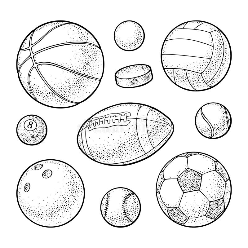 Metta le icone delle palle di sport Incisione dell'illustrazione nera Isolato su bianco royalty illustrazione gratis Metta le icone delle palle di sport Incisione dell'illustrazione nera Isolato su bianco royalty illustrazione gratis