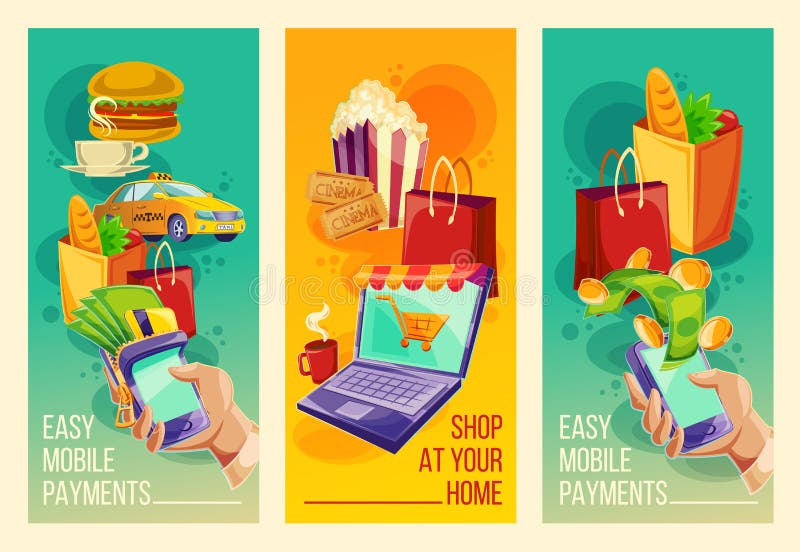 Metta le insegne di vettore che mostrano la facilità e la convenienza dei pagamenti online nello stile del fumetto illustrazione di stock Metta le insegne di vettore che mostrano la facilità e la convenienza dei pagamenti online nello stile del fumetto illustrazione di stock
