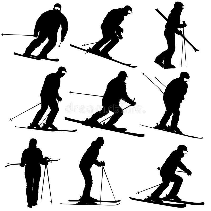 Metta lo sciatore della montagna che accelera giù la siluetta di sport del pendio illustrazione vettoriale Metta lo sciatore della montagna che accelera giù la siluetta di sport del pendio illustrazione vettoriale