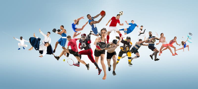 Metta in mostra il collage circa il kickboxing, il calcio, il football americano, la pallacanestro, il hockey su ghiaccio, il vol fotografia stock Metta in mostra il collage circa il kickboxing, il calcio, il football americano, la pallacanestro, il hockey su ghiaccio, il vol fotografia stock