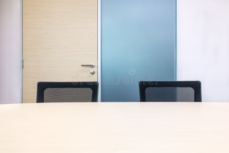 The metting room have wood desk and black chairs. Office interview room. stock illustration The metting room have wood desk and black chairs. Office interview room. stock illustration