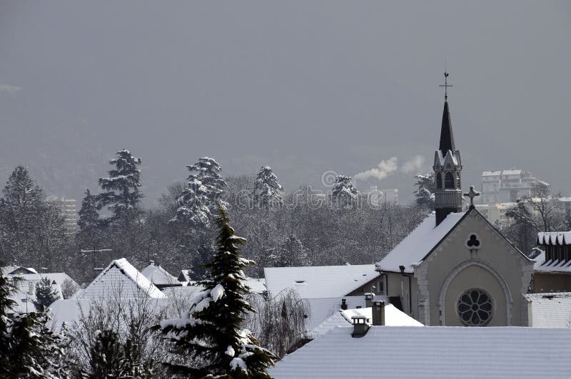 Metz-Tessy french village and church under snow, France stock images Metz-Tessy french village and church under snow, France stock images