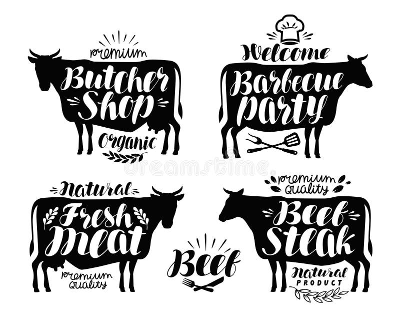 Metzgerei, Grillpartei-Kennsatzfamilie Fleisch, Rindfleischsteak, bbq-Ikone oder Logo Beschriftungs-Vektorillustration stock abbildung
