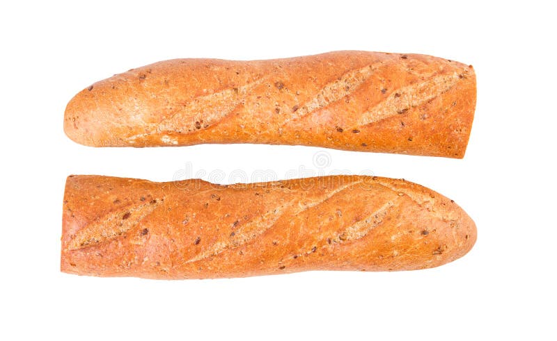Metà delle baguette due del grano di dieta delle baguette interi mezze isolate su bianco fotografia stock libera da diritti