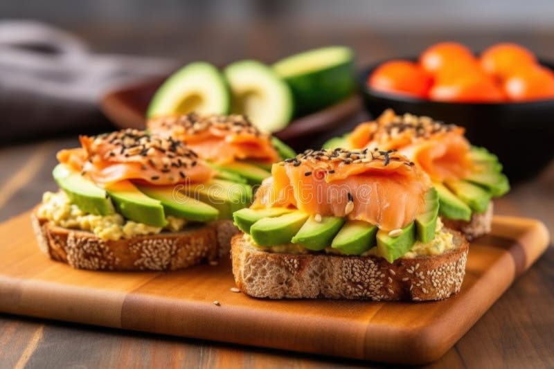 Metà di bagel, con salmone affumicato a freddo e avocado fresco. Metà di bagel sono ricoperte di salmone affumicato a freddo e avocado fresco creato con aii generativi generati