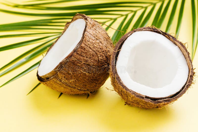 Metà e foglie della noce di cocco su fondo giallo immagine stock libera da diritti Metà e foglie della noce di cocco su fondo giallo immagine stock libera da diritti