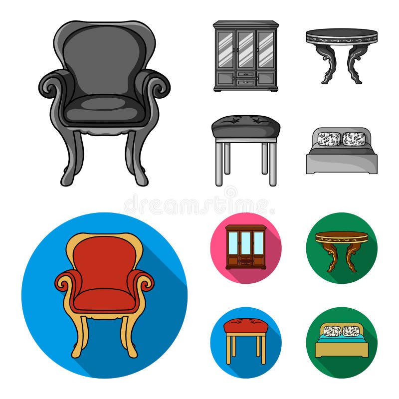 Meubilair, binnenland, ontwerp, stoel Meubilair en huis interiorset inzamelingspictogrammen in zwart-wit, vlakke stijlvector vector illustratie Meubilair, binnenland, ontwerp, stoel Meubilair en huis interiorset inzamelingspictogrammen in zwart-wit, vlakke stijlvector vector illustratie