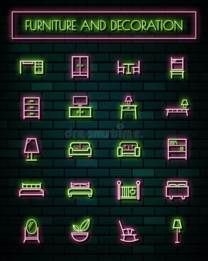 Meubilair en decoratie de dunne geplaatste pictogrammen van de neon gloeiende lijn Vector illustratie royalty-vrije illustratie Meubilair en decoratie de dunne geplaatste pictogrammen van de neon gloeiende lijn Vector illustratie royalty-vrije illustratie