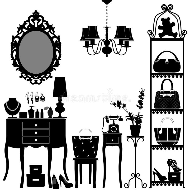 Meubilair van de Zaal van de Toebehoren van de vrouw het Kosmetische vector illustratie Meubilair van de Zaal van de Toebehoren van de vrouw het Kosmetische vector illustratie