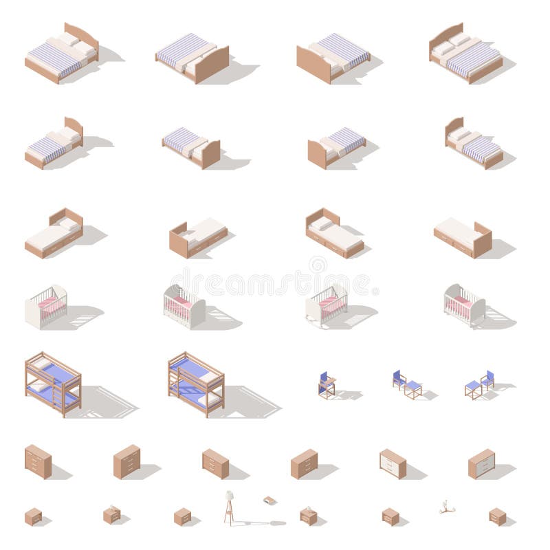Meubles de chambre à coucher et de pièce d'enfants, bas poly ensemble isométrique d'icône illustration stock Meubles de chambre à coucher et de pièce d'enfants, bas poly ensemble isométrique d'icône illustration stock