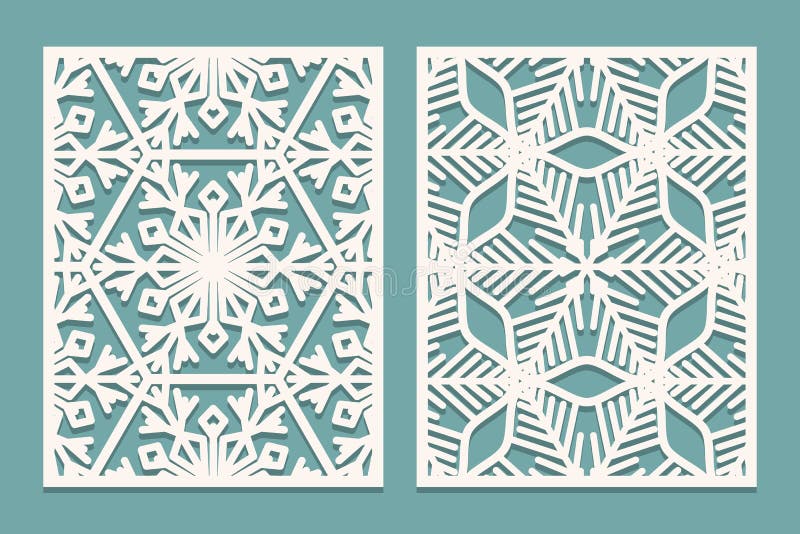 Meurent et les panneaux ornementaux coupés par laser avec le modèle de flocons de neige Le laser coupant la dentelle décorative e illustration stock Meurent et les panneaux ornementaux coupés par laser avec le modèle de flocons de neige Le laser coupant la dentelle décorative e illustration stock