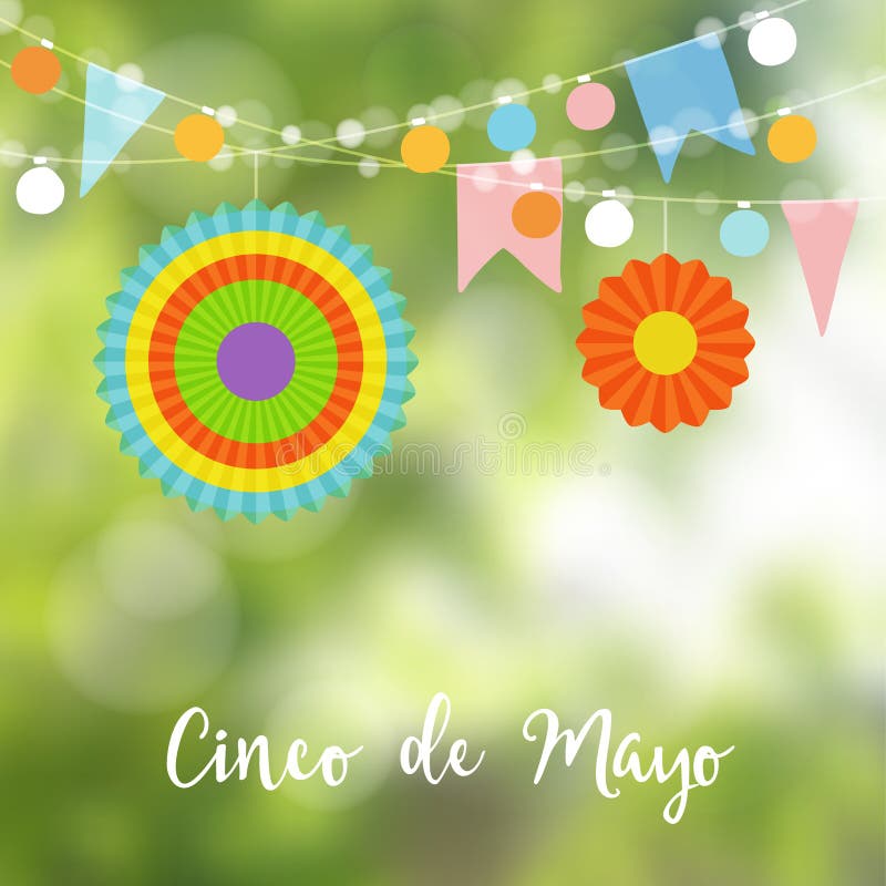 Mexicaanse Cinco de Mayo-groetkaart, uitnodiging Partijdecoratie, koord van gloeilampen, document vlaggen en kleurrijk royalty-vrije illustratie Mexicaanse Cinco de Mayo-groetkaart, uitnodiging Partijdecoratie, koord van gloeilampen, document vlaggen en kleurrijk royalty-vrije illustratie
