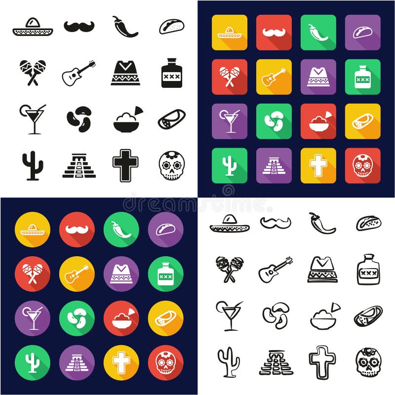 Mexicaanse Cultuur allen in Één Vlakke het Ontwerpreeks Uit de vrije hand van de Pictogrammen Zwarte & Witte Kleur royalty-vrije illustratie Mexicaanse Cultuur allen in Één Vlakke het Ontwerpreeks Uit de vrije hand van de Pictogrammen Zwarte & Witte Kleur royalty-vrije illustratie
