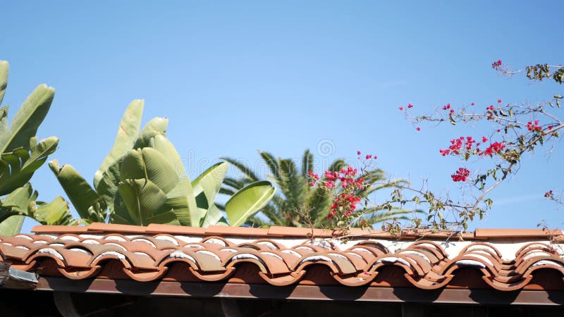 Mexican colonial style suburban, hispanic house exterior, green lush garden, San Diego, California USA. Mediterranean terracotta ceramic clay tile on roof. Rustic spanish tiled rooftop. Rural details. Mexican colonial style suburban, hispanic house exterior, green lush garden, San Diego, California USA. Mediterranean terracotta ceramic clay tile on roof. Rustic spanish tiled rooftop. Rural details