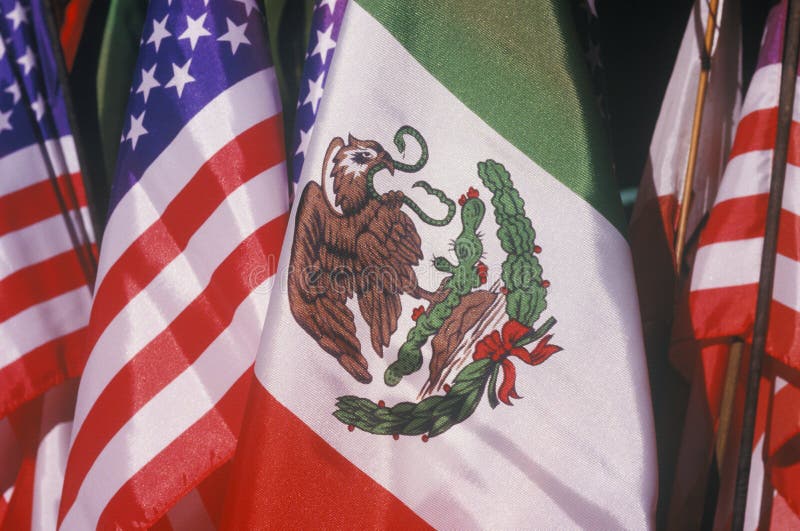 Mexican and American Flags, May 5th, Olvera Street, Los Angeles, California stock photos Mexican and American Flags, May 5th, Olvera Street, Los Angeles, California stock photos