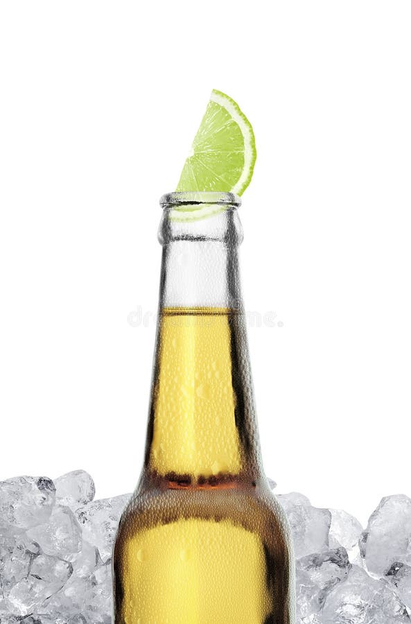 Mexican Beer Bottle with Lime Slice and Frost on White Background Stock