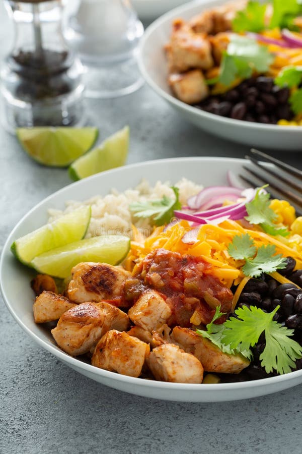 Mexican Burrito Bowl with Salsa Chicken and Beans Stock Photo Image
