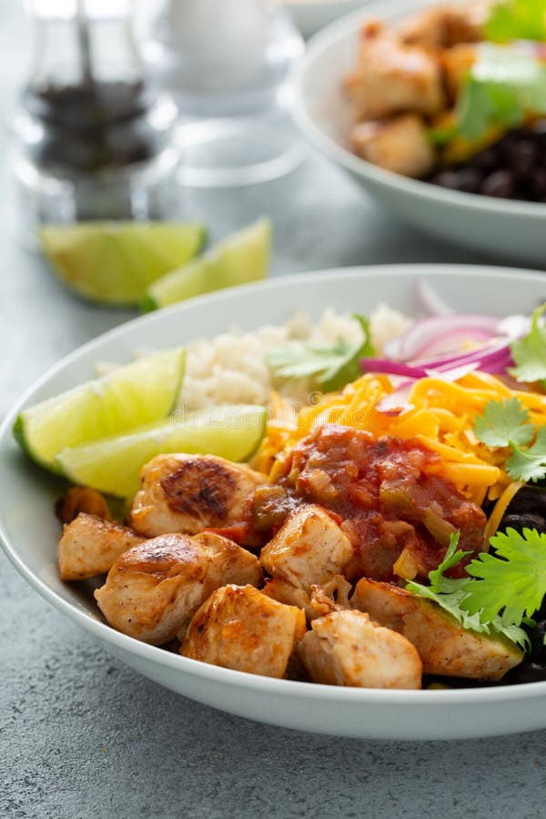 Mexican Burrito Bowl with Salsa Chicken and Beans Stock Photo Image