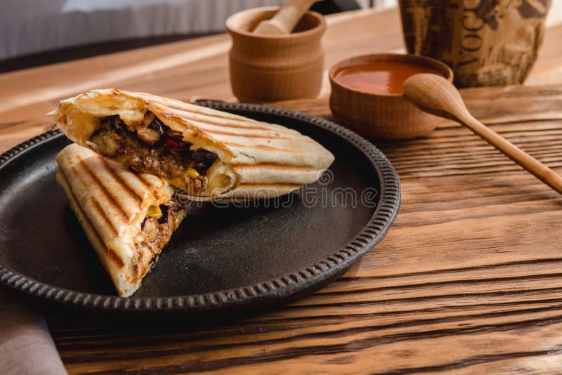 Mexican burrito with chicken , pepper and beans . Top view royalty free stock photography Mexican burrito with chicken , pepper and beans . Top view royalty free stock photography
