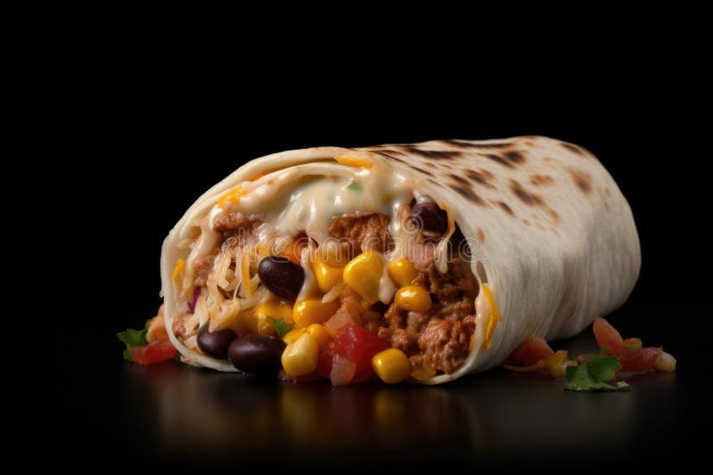 Mexican Burrito with Meat, Cheese and Vegetables on a Dark Background