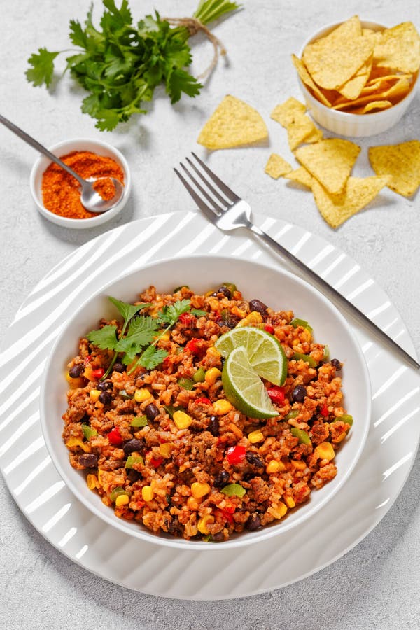 Mexican Ground Beef Casserole with Rice, Beans Stock Image - Image of