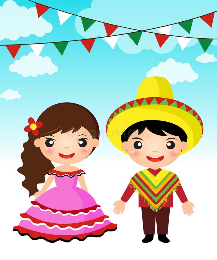 Mexican couple traditional costume cartoon. 