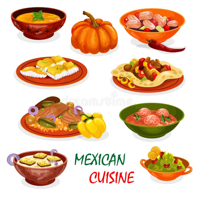 Mexican cuisine icon of dinner dish and appetizers