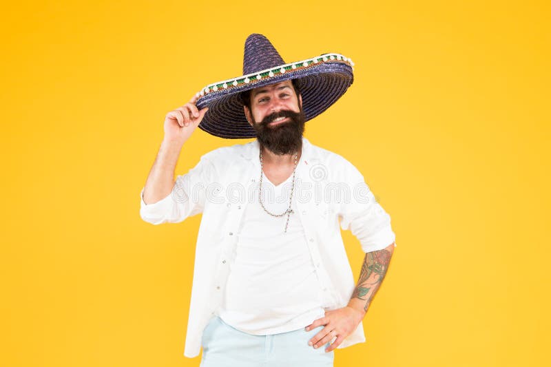 Mexican energy. Celebrate traditional holiday. Cinco de Mayo. Mexican Day of Dead. 5th of May. Lets have fun. Celebrating fiesta. happy man in mexican sombrero stock photo Mexican energy. Celebrate traditional holiday. Cinco de Mayo. Mexican Day of Dead. 5th of May. Lets have fun. Celebrating fiesta. happy man in mexican sombrero stock photo