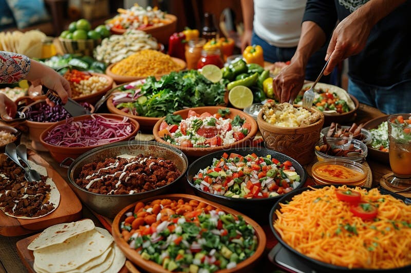 Mexican Family Celebrating and Eating Together at the Table Full of