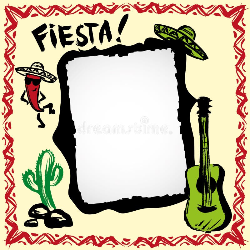 Mexičan slavnost rám sombrera, kaktus, a kytara, ručně malovaná vektor.