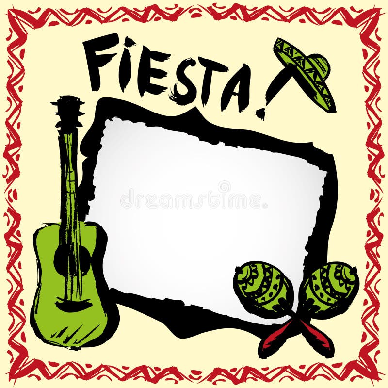 Mexičan slavnost rám sombrera, a kytara, ručně malovaná vektor.