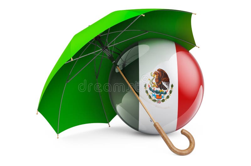 Mexican Flag Under Umbrella. Protection and Security of Mexico Concept