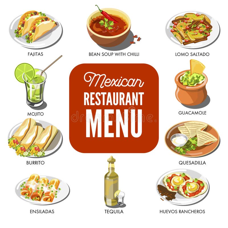 Mexican Food Cuisine Vector Traditional Dish Icons for Restaurant Menu ...