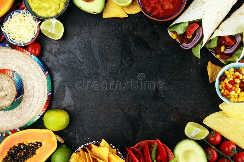 Mexican food mix with nachos copyspace frame colorful background Mexico stock photo Mexican food mix with nachos copyspace frame colorful background Mexico stock photo