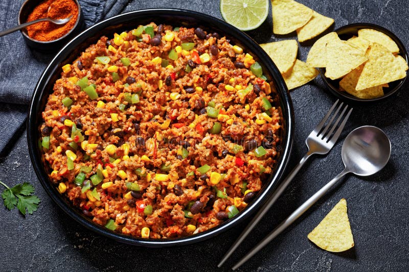 Mexican Ground Beef Casserole with Rice, Beans Stock Photo - Image of