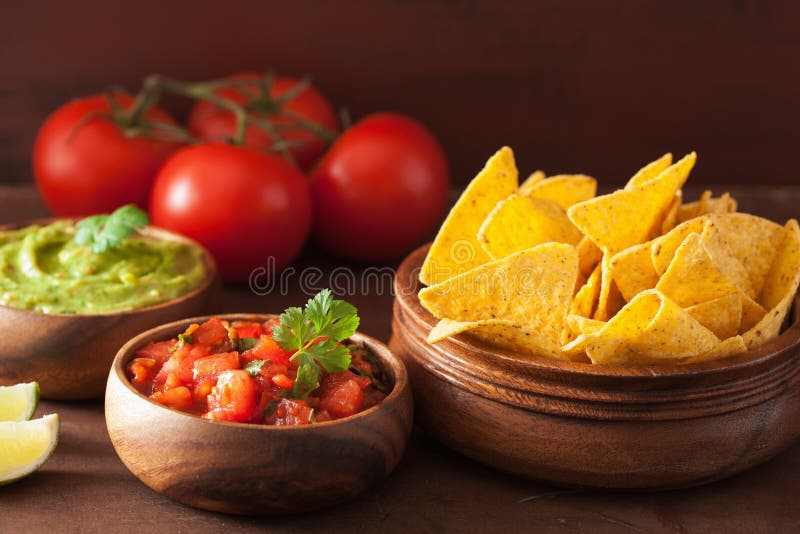 Mexican Guacamole and Salsa Dip, Nachos Tortilla Chips Stock Image