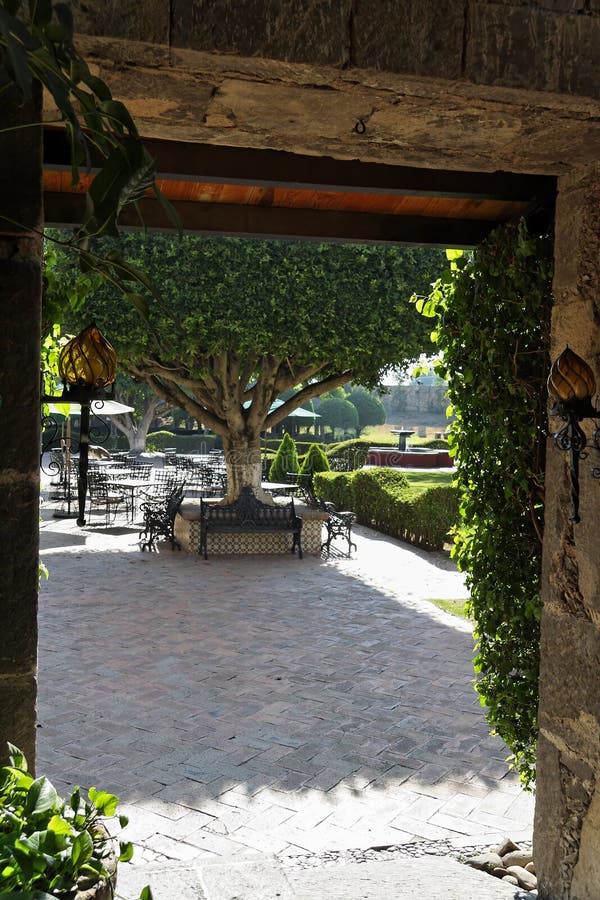 A typical mexican hacienda garden framed through a wood door. Cuernavaca, Morelos, Mexico