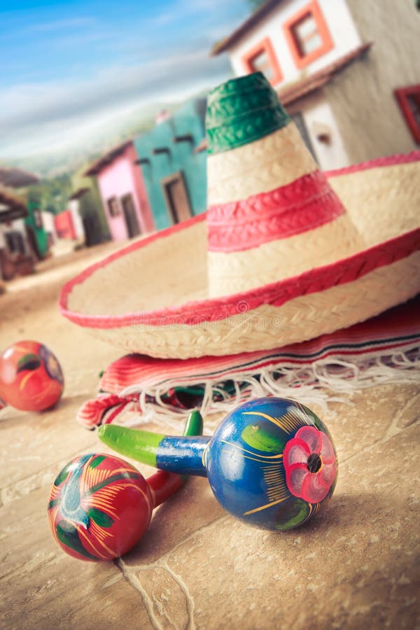 Mexican hat sombrero on a serape in a mexican town