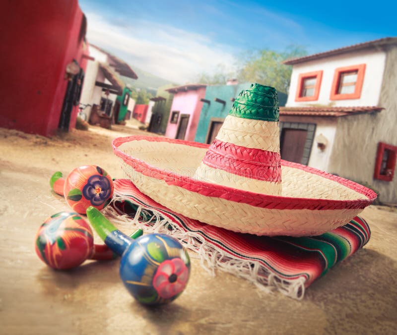 Mexican hat sombrero on a serape in a mexican town