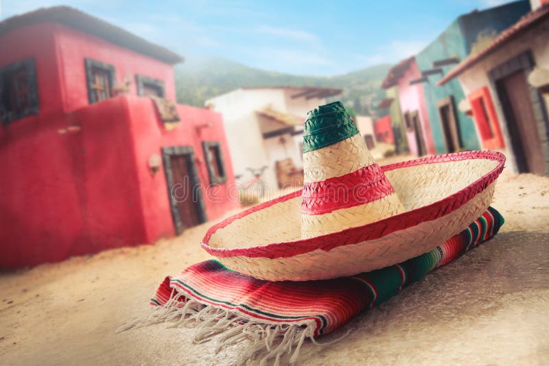 Mexican hat sombrero on a serape in a mexican town