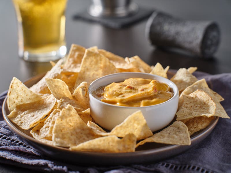 Mexican Queso Blanco Cheese Dip with Corn Tortilla Chips Stock Photo