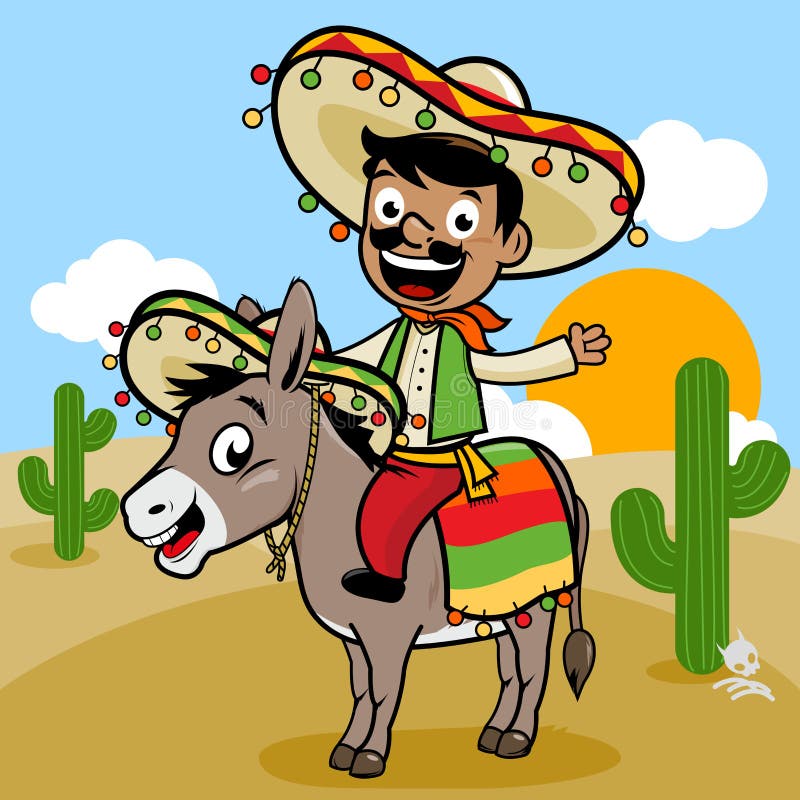 Mexican man riding a donkey in the desert stock illustration.