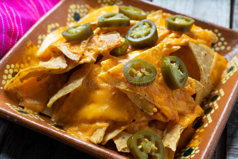 Mexican Nachos with Real Cheese and Jalapenos Pepper Stock Photo