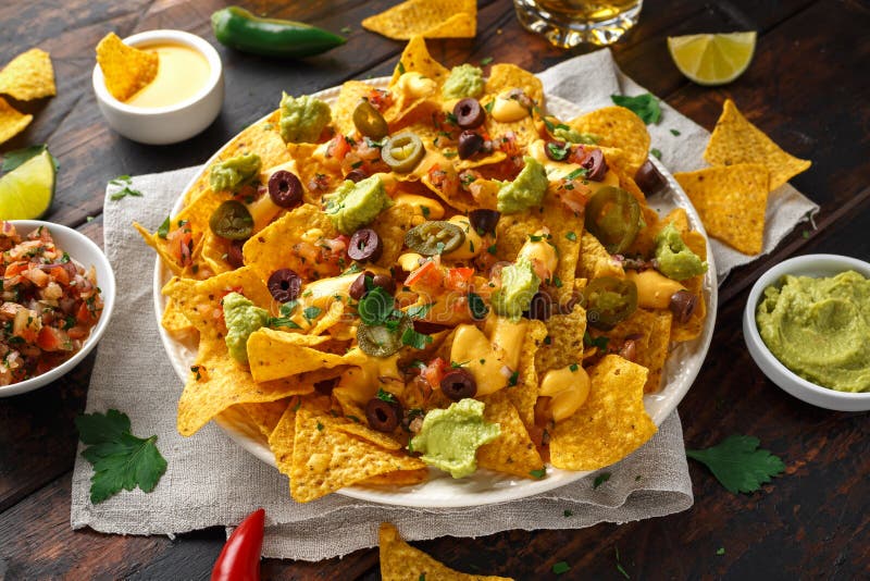 Mexican Nachos Tortilla Chips with Olives, Jalapeno, Guacamole ...