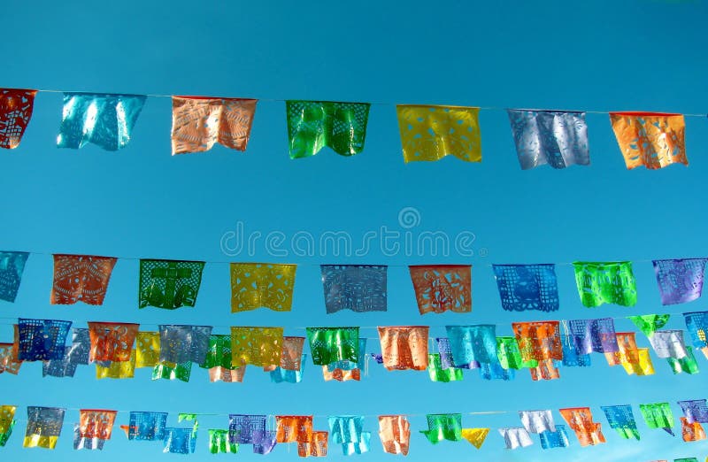 Traditional Mexican paper bunting decoration celebratory flags against blue sky