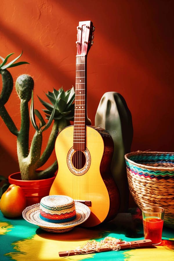 Mexican Party Concept. Group of Mexican Objects: Sombrero, Maracas