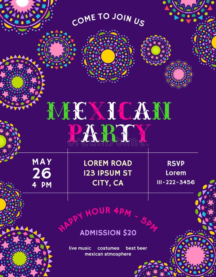 Mexican Party Announce Poster Template with Festive Decorative Elements